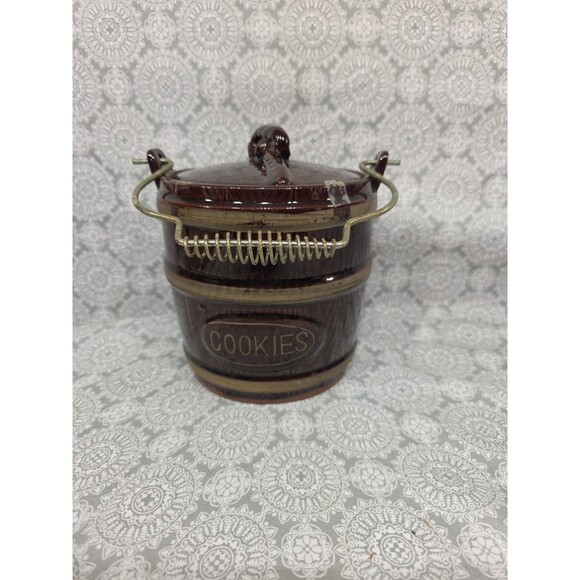 Vintage Brown Ceramic Cookies Jar Barrel with Metal Handle and Lid Marcrest Drip - Picture 1 of 8
